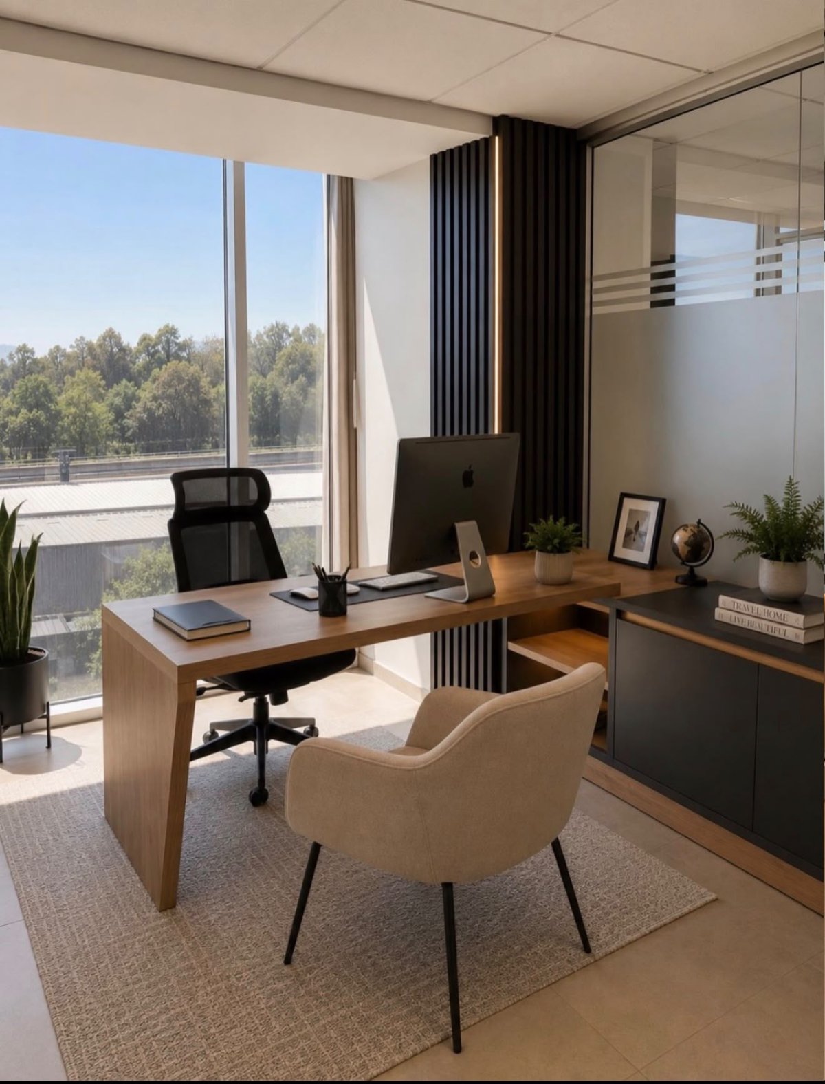 Clean, bright office with desk and chairs