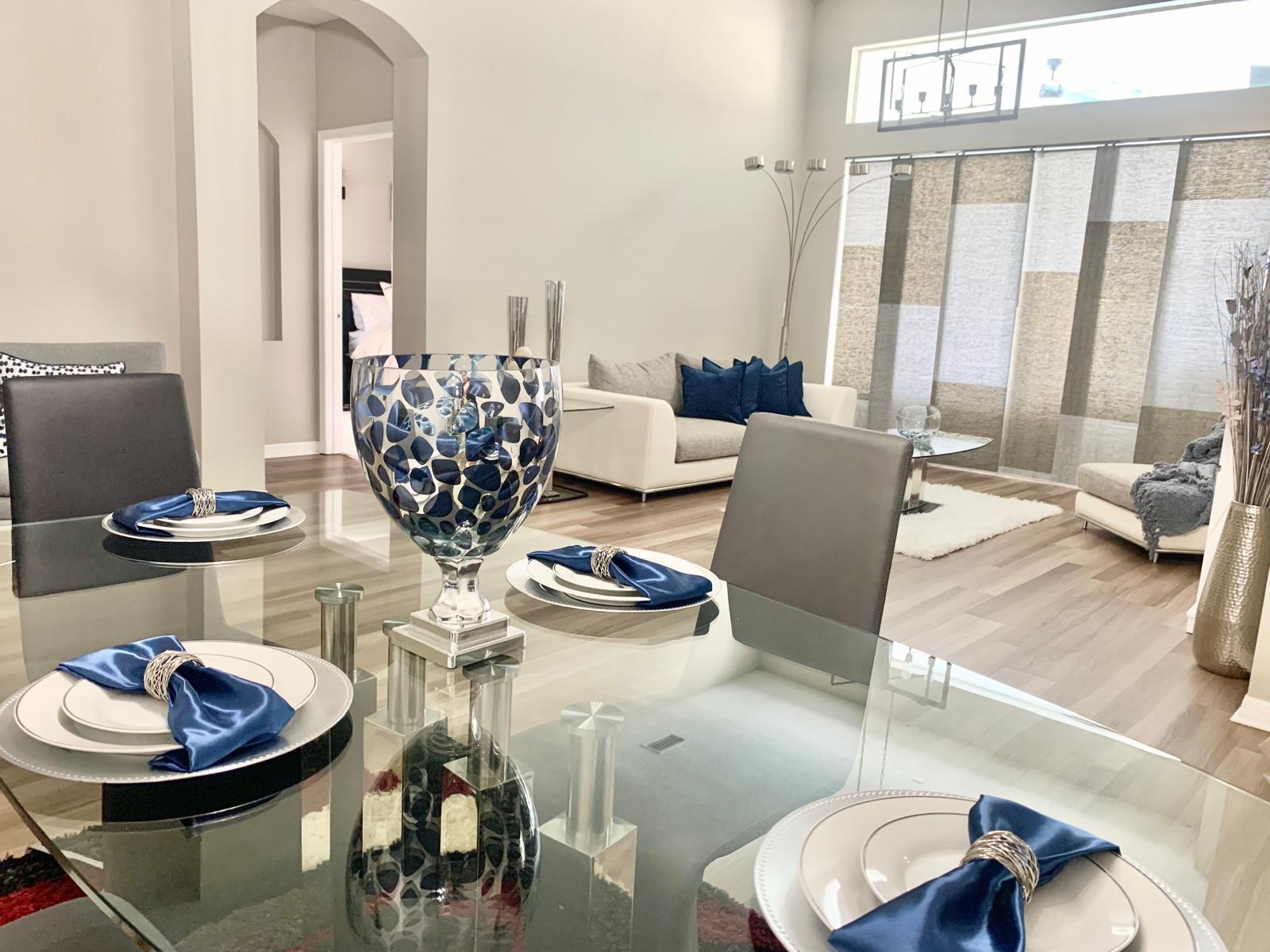 Clean open-concept dining and living area